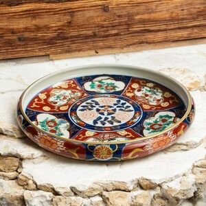 Japanese Arita Ware Gold Imari Shallow Bowl Console Dish Cobalt Blue Vintage